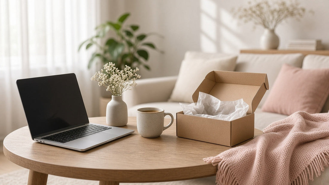 Laptop and discreet package on a coffee table — Canadian wellness buyer guide