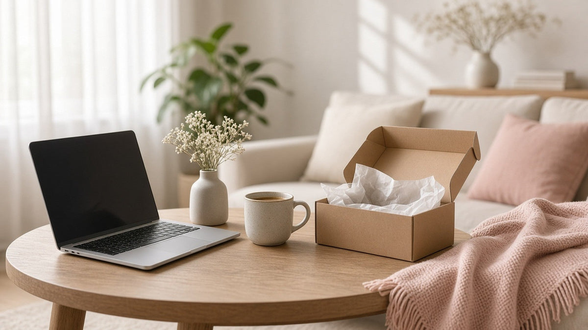 Laptop and discreet package on a coffee table — Canadian wellness buyer guide