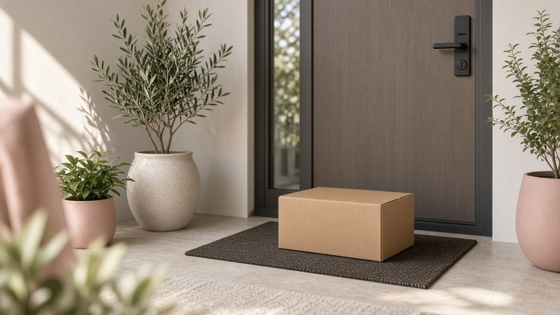 Plain cardboard package at a condo door — discreet shipping Canada