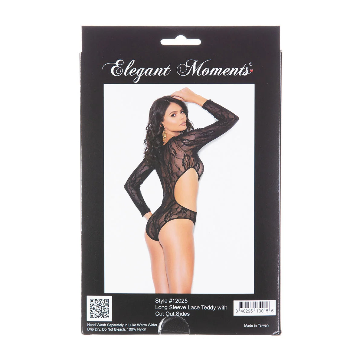  Elegant Moments – Long Sleeve Lace Teddy with Cut Out Sides – Black – One Size