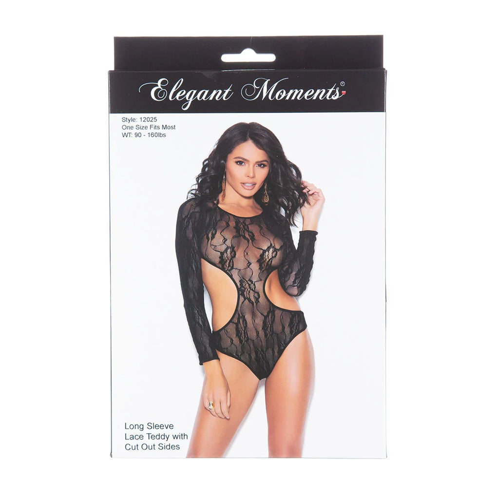 Elegant Moments – Long Sleeve Lace Teddy with Cut Out Sides – Black – One Size