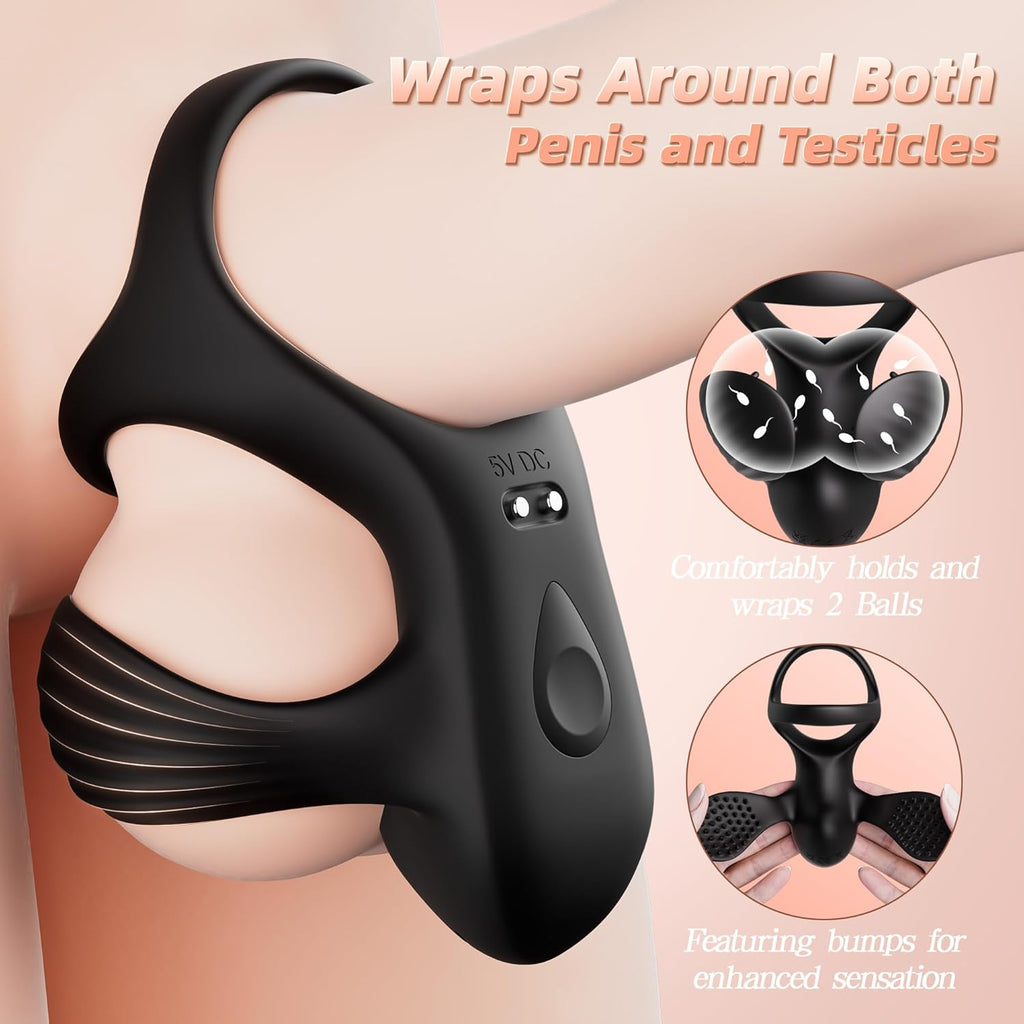 Black silicone device wrapping around a man's genital area with text describing its features.