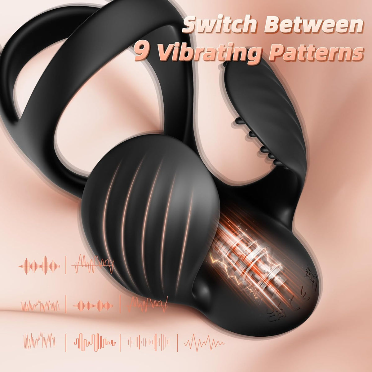 Black and gold massager device on skin with text 'Switch Between 9 Vibrating Patterns'.