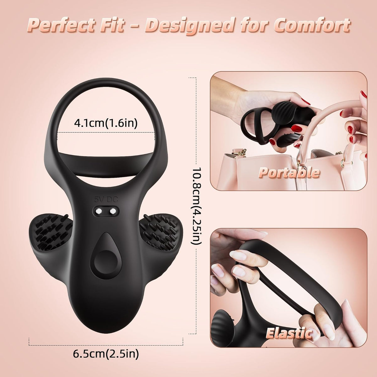 Black handheld Penis Locker with measurements and text on a pink background