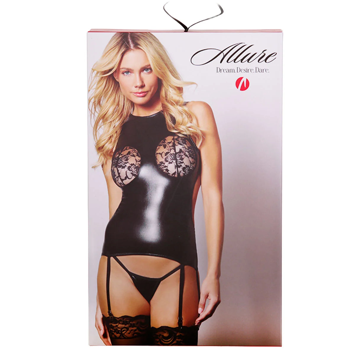 Allure Wet Look The Follow Me Corset on Model box