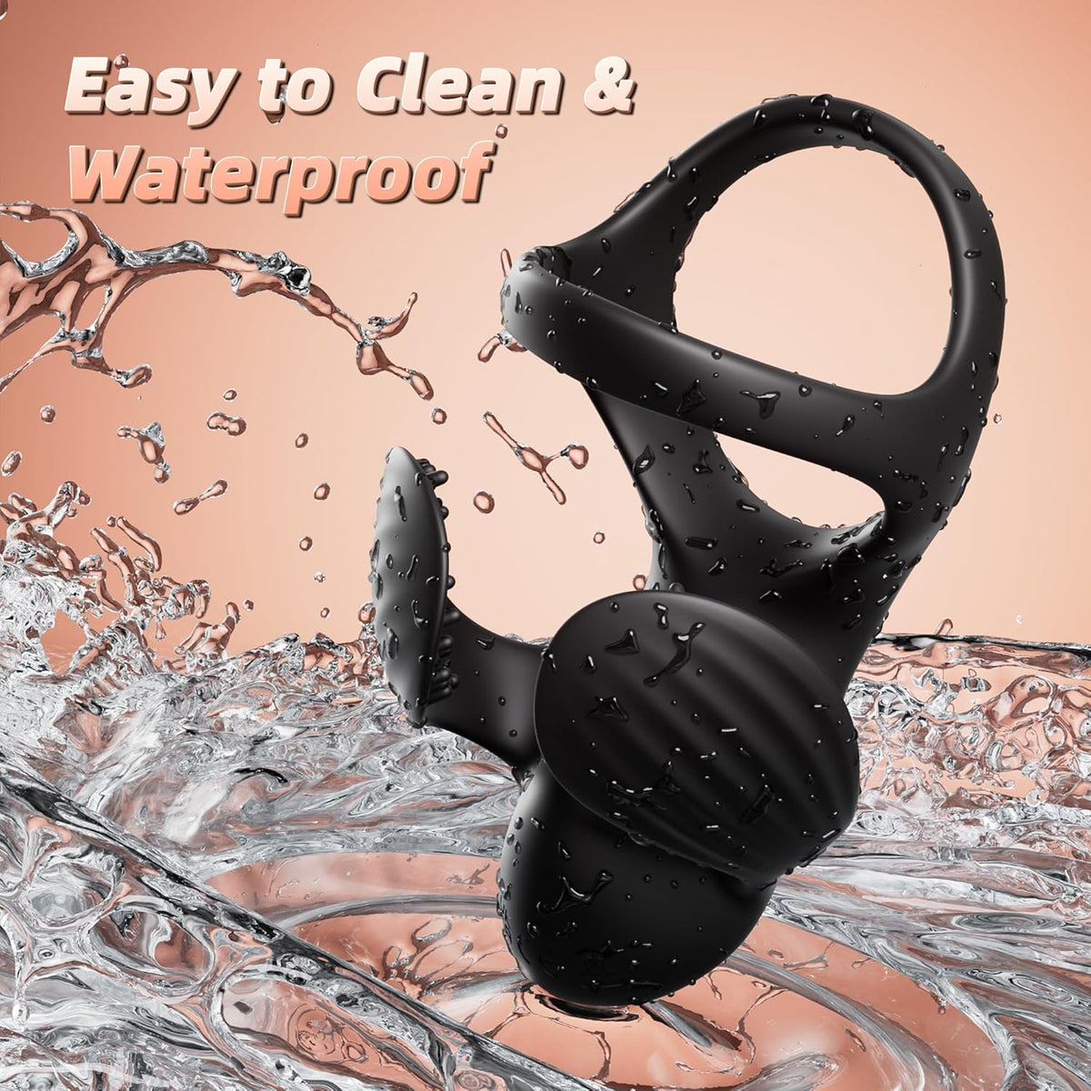 Black waterproof Penis Ring and locker with water splashes and text 'Easy to Clean & Waterproof' on a peach background