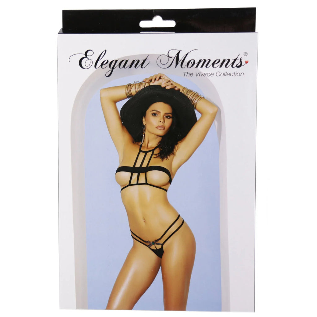 Black Lycra Caged Lingerie Set - 3-Piece Top & G-String, One Size by Elegant Moments box 