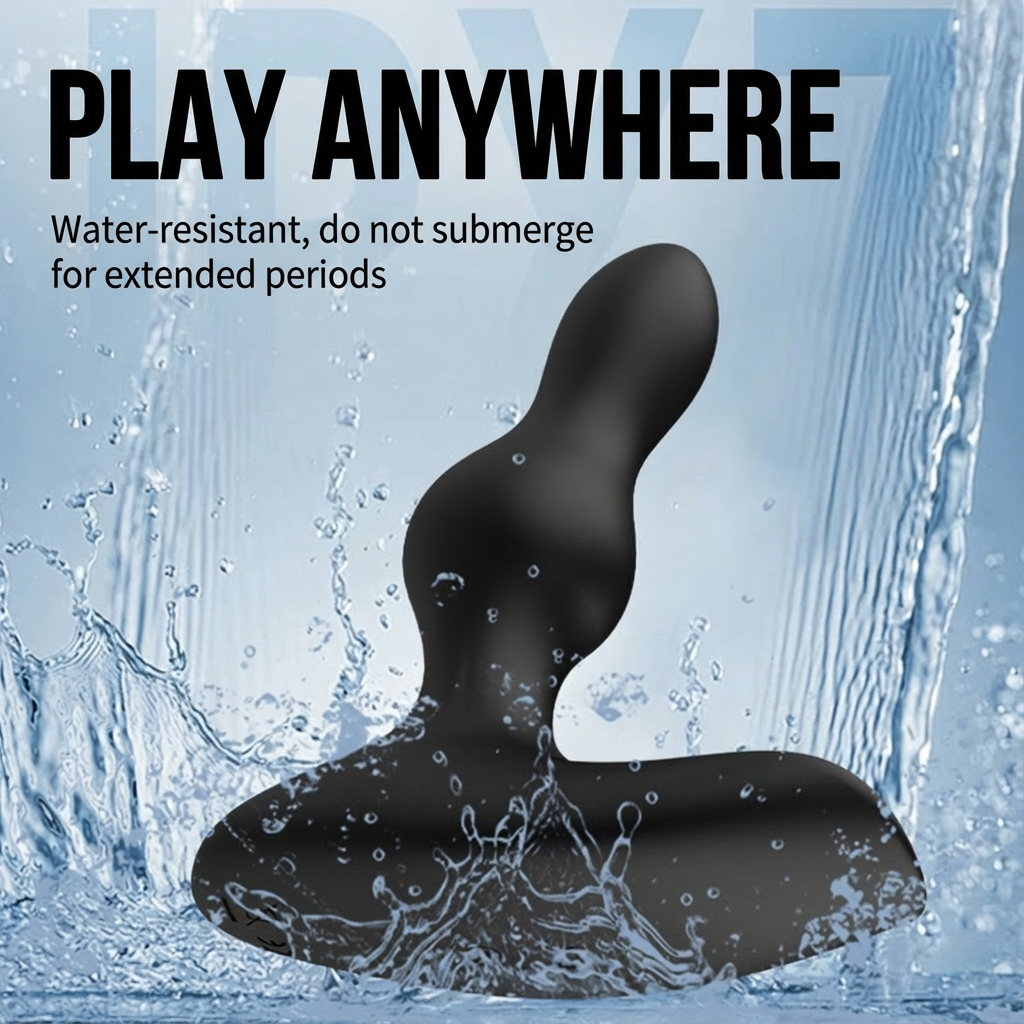 Black silicone product with water splashes and text about water resistance on a blue background