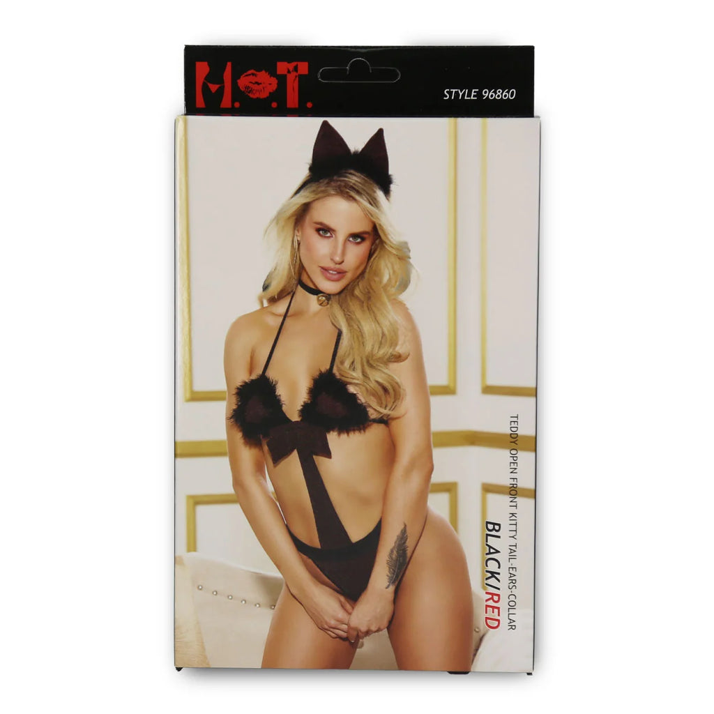 HOT - Teddy Open Front Kitty Tail Ears Collar - Black box