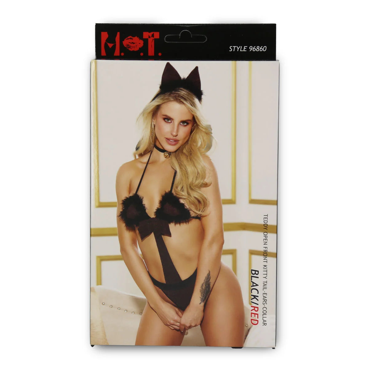 HOT - Teddy Open Front Kitty Tail Ears Collar - Black box