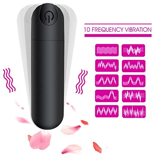 Black and white HerEmpire-Bullet-Vibrator with vibration frequency indicators on a white background