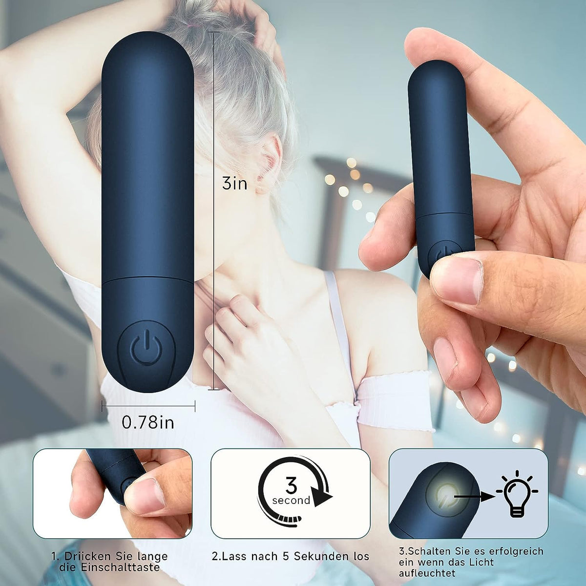 Black handheld device with power button, measurements, and usage instructions displayed.