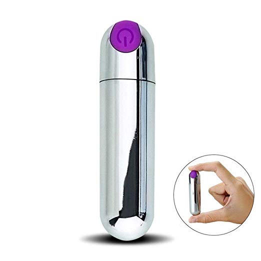 Silver and purple cylindrical device with a hand holding it inset on a white background