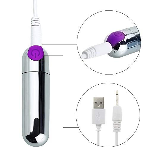 Close-up of a silver electronic device with purple accents and USB cable on a white background