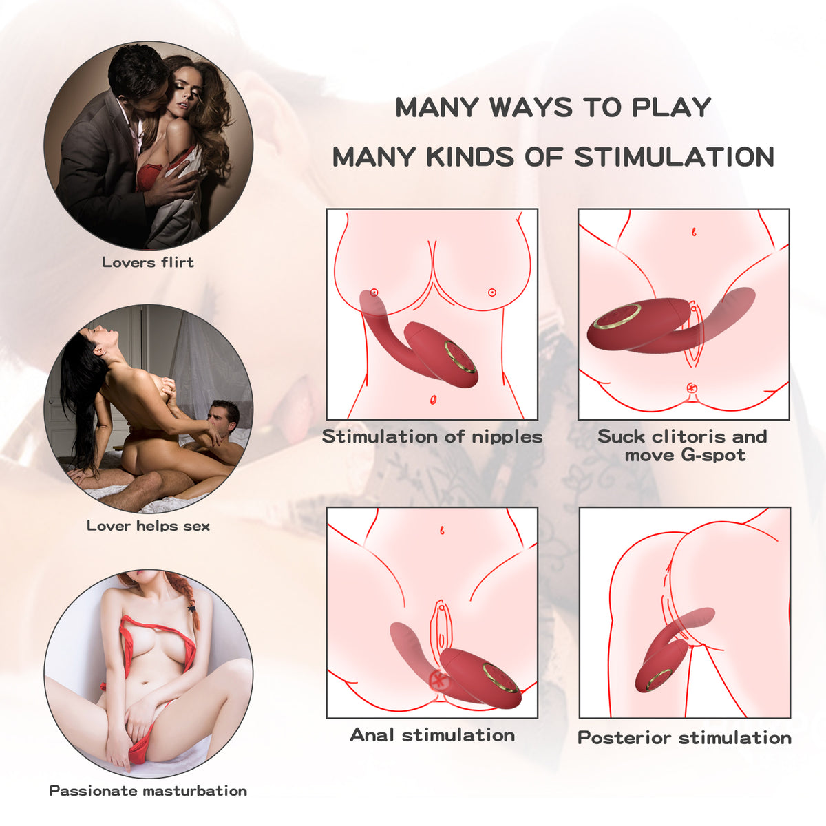 An educational infographic titled 'MANY WAYS TO PLAY MANY KINDS OF STIMULATION' showing four anatomical diagrams of female sexual stimuli alongside three circular lifestyle photos of couples and a woman.