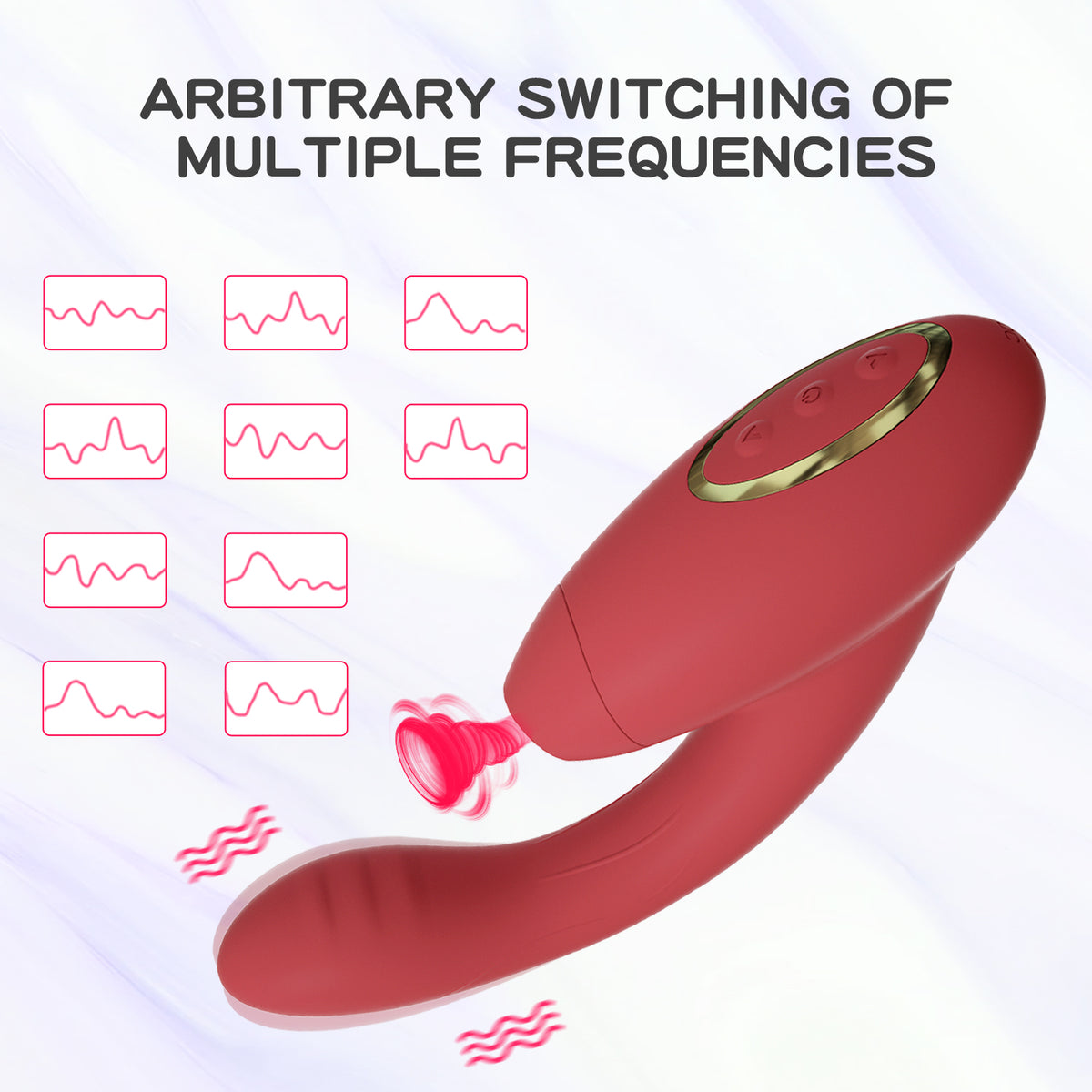 Red electronic device with gold accents on a white background, featuring text about frequency switching.