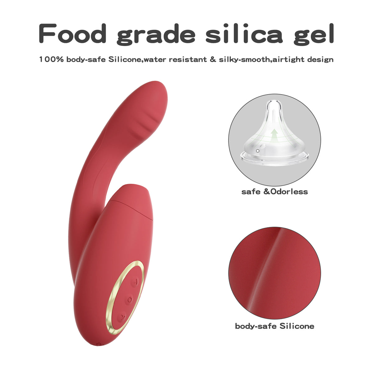 Red silicone product with food grade silica gel features on a white background