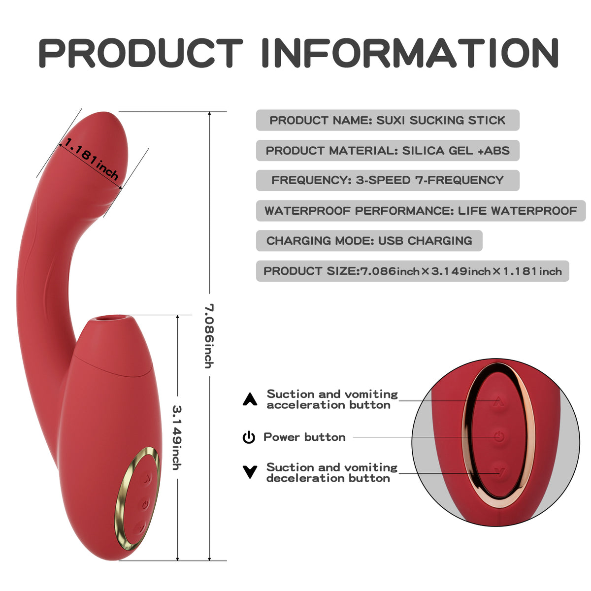 Product information graphic for a red Suxi suction stick vibrator, showing the product with dimension labels, feature text, and a close-up inset of the button layout.
