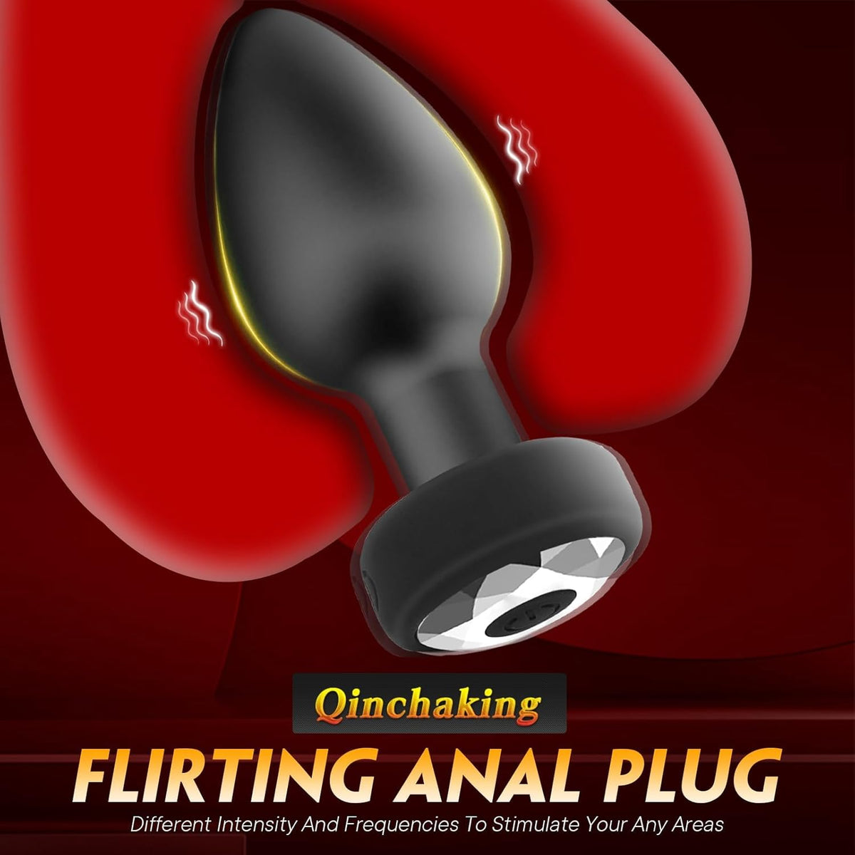 Flirting anal plug with red background and 'Qinchaking' branding.