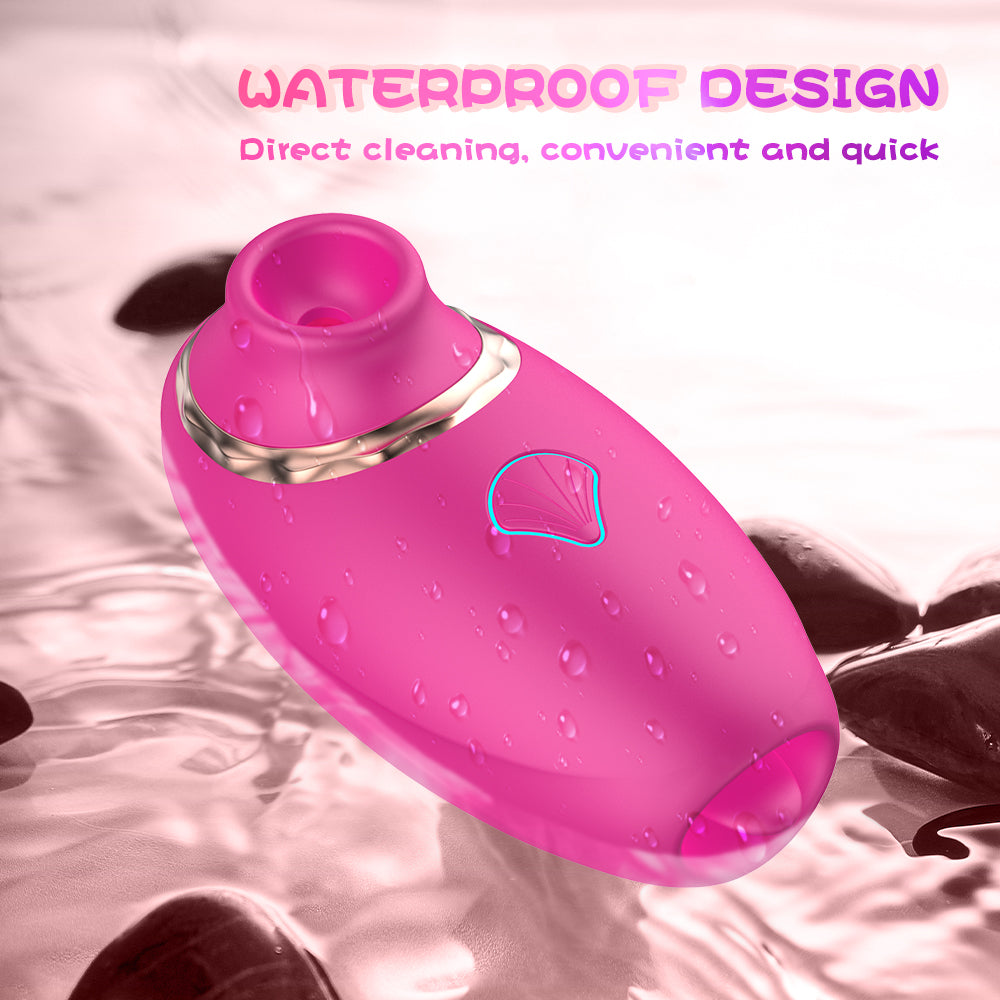 HerEmpire pleasure air sucker with water droplets on a pink background, highlighting waterproof design.