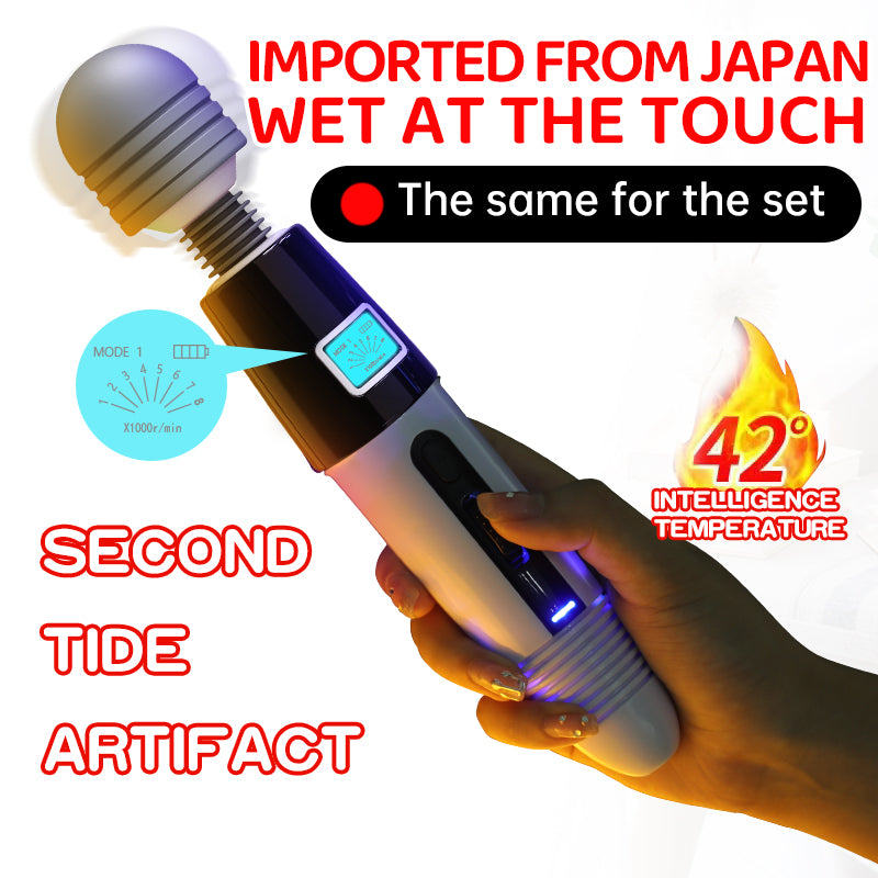 Handheld device with glowing elements and text about imported product and temperature, held by a hand.