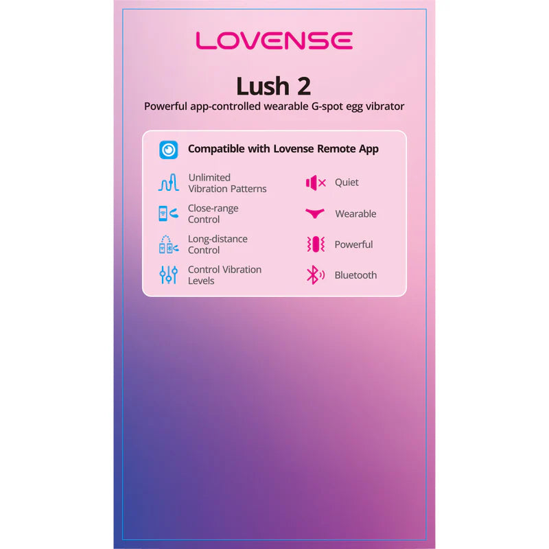 Product packaging for Lovense Lush 2 with features listed on a gradient pink and purple background.