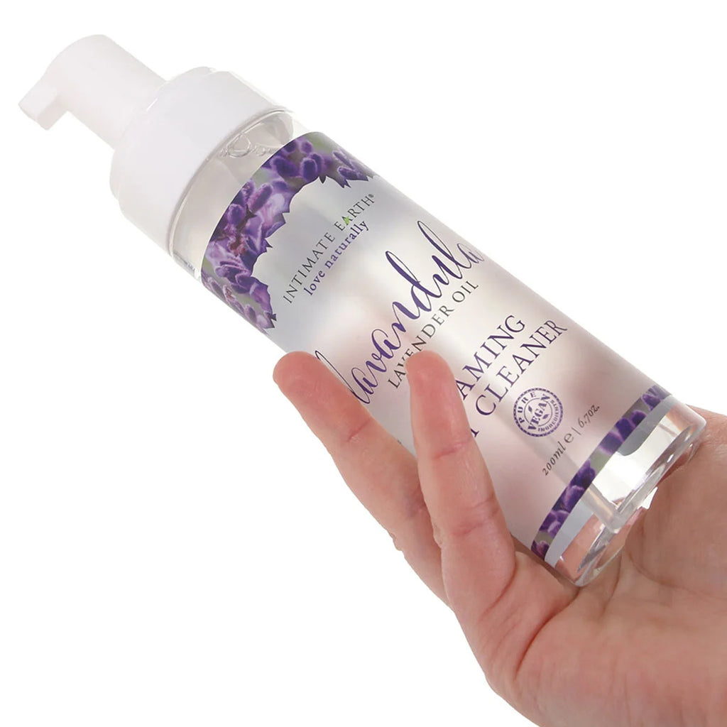 Intimate Earth Lavandula Foaming Toy Cleaner in hand