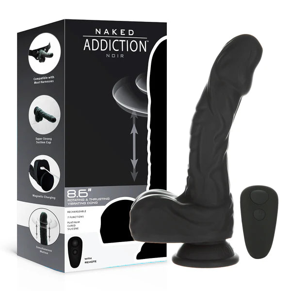 Naked Addiction – 8.6” Silicone Rotating & Thrusting Vibrating Dildo with Remote - Noir Pacakaging