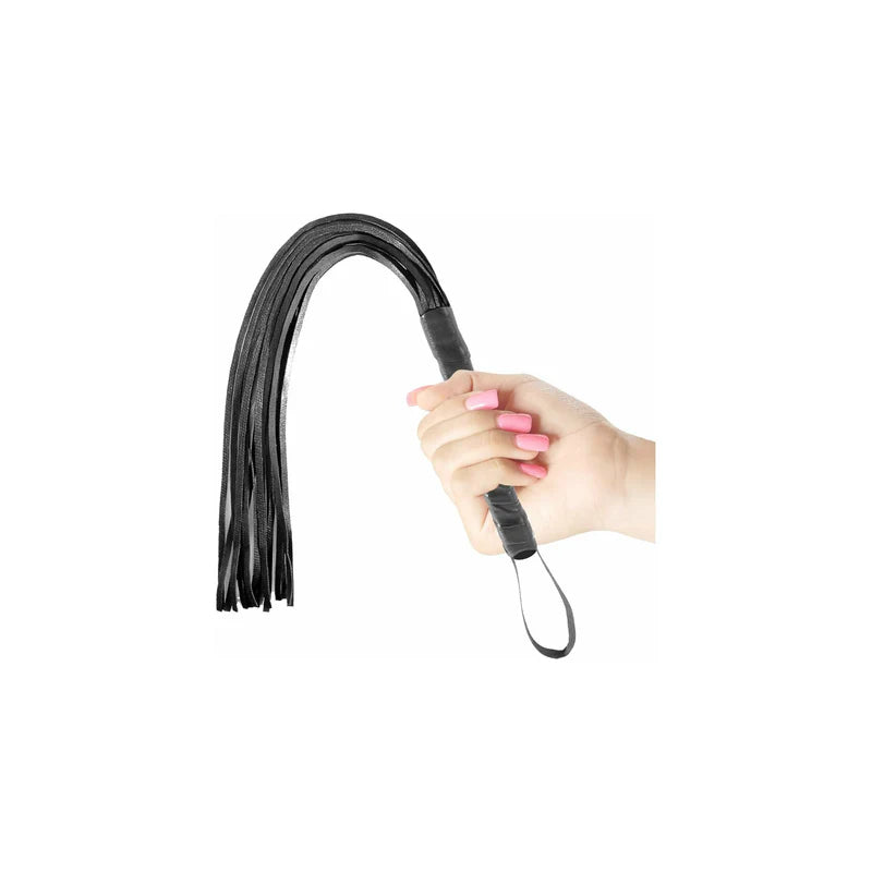 Fetish Flogger by the Brand Pipedream in Black Color in a Girl hand
