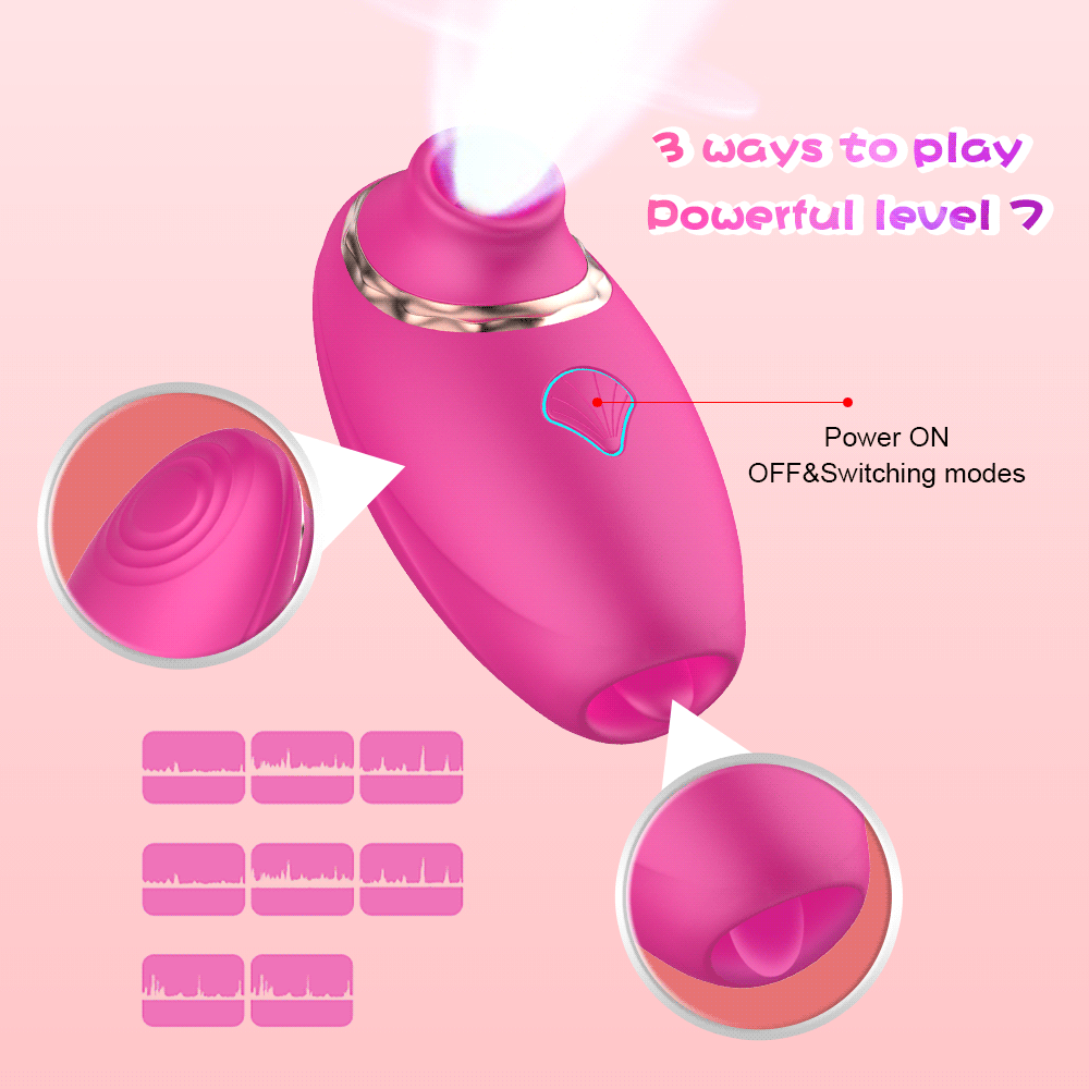 HerEmpire Sucker with '7 modes of powerful play text and close-up of silicone texture on a pink background.