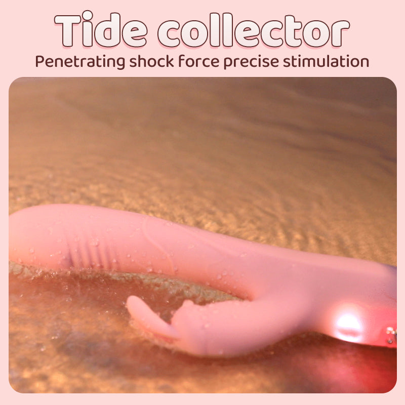 Hand reaching into water with text 'Tide collector' and 'Penetrating shock force precise stimulation' on a pink background.