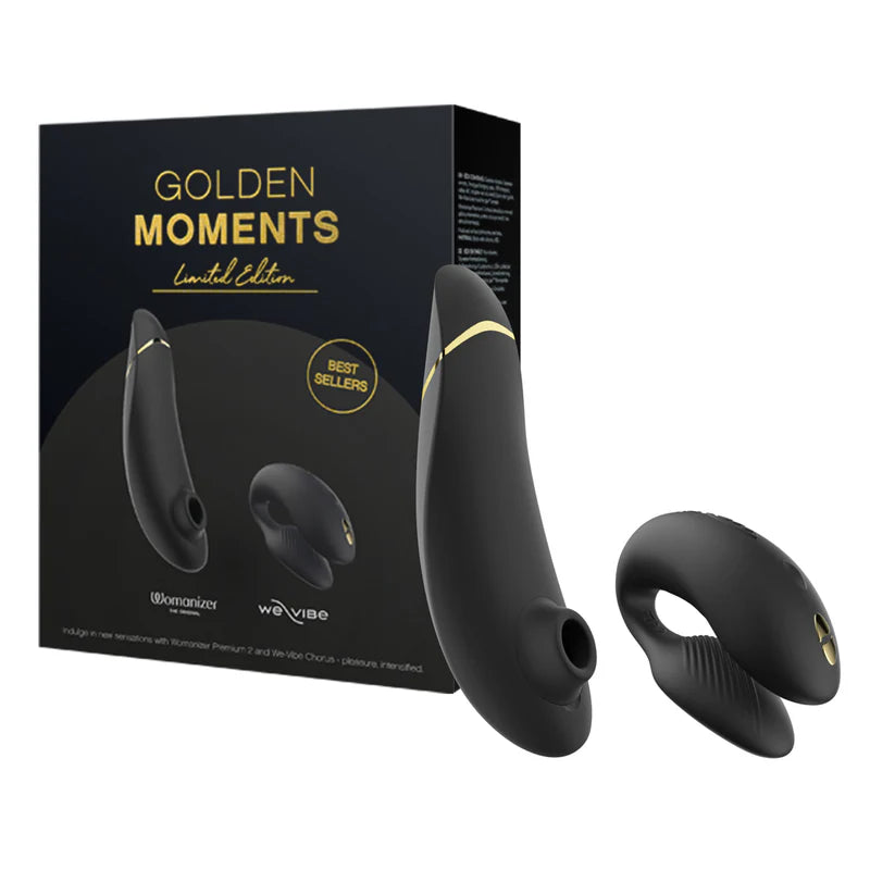WeVibe and Womanizer Limited Edition labeled 'Golden Moments' on a white background