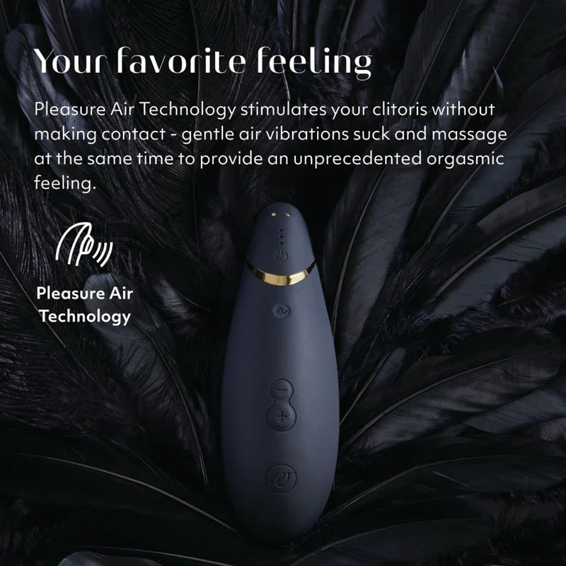 Black pleasure air technology device with text on a dark leafy background