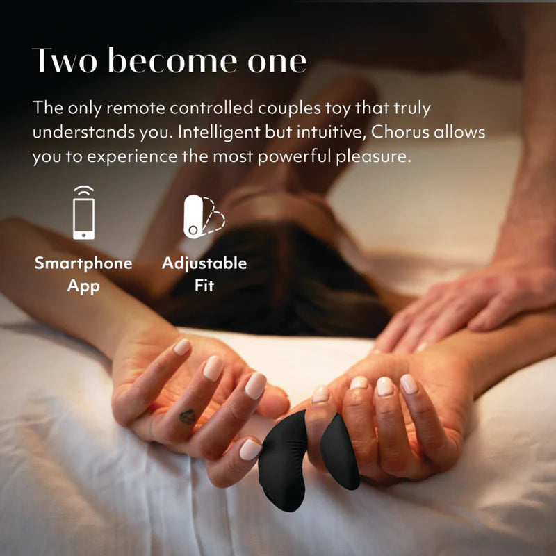 Two people holding hands with a remote-controlled couples toy, text about the product's features.