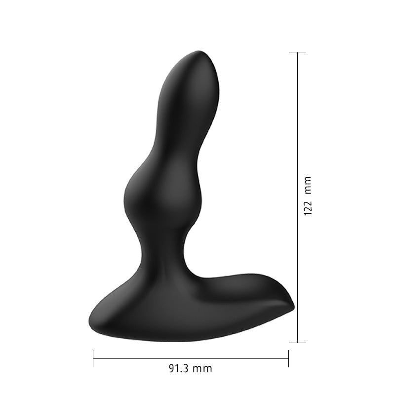 Black silicone butt plug with measurements on a white background